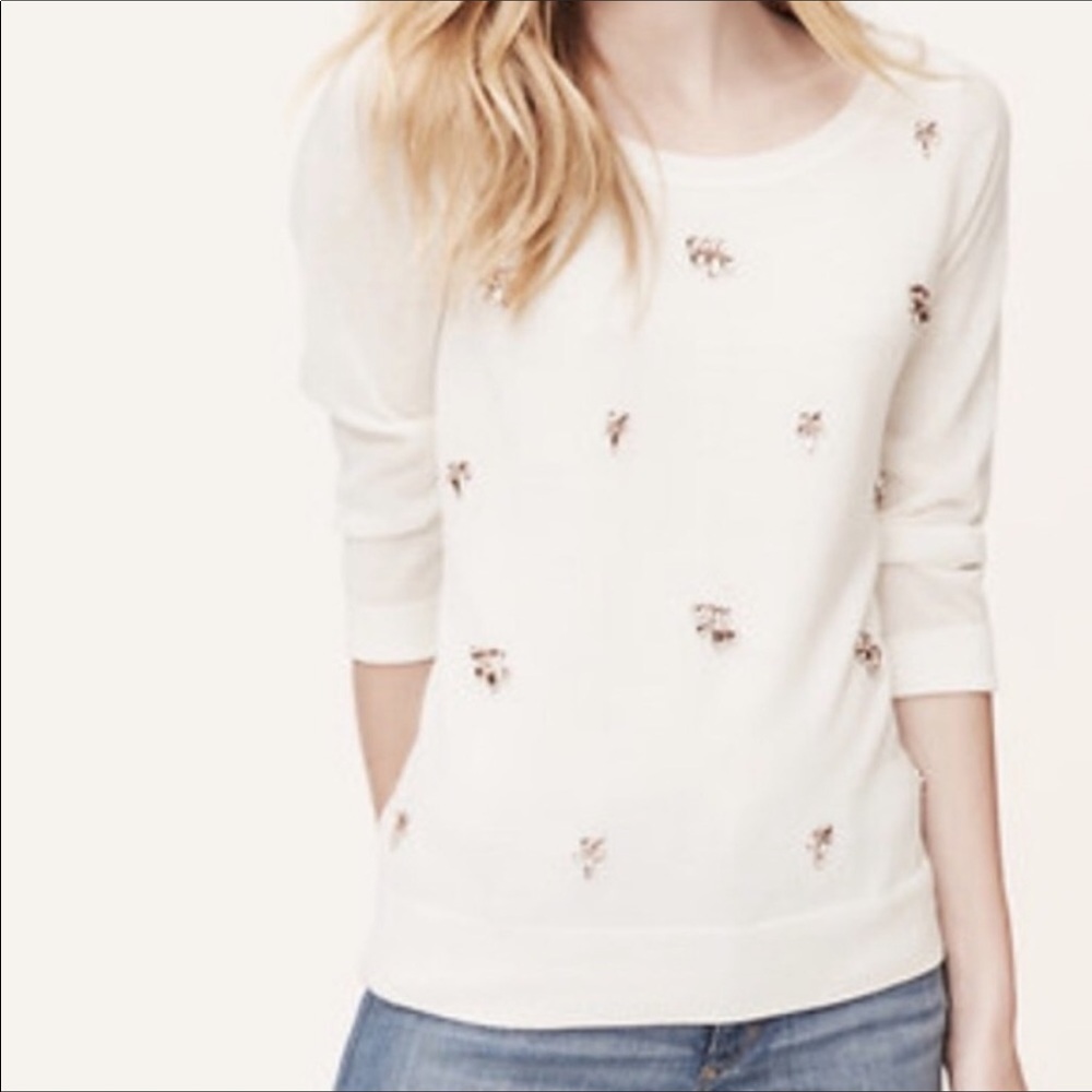 Ann Taylor LOFT White Jeweled 4/3 Sleeve Sweater